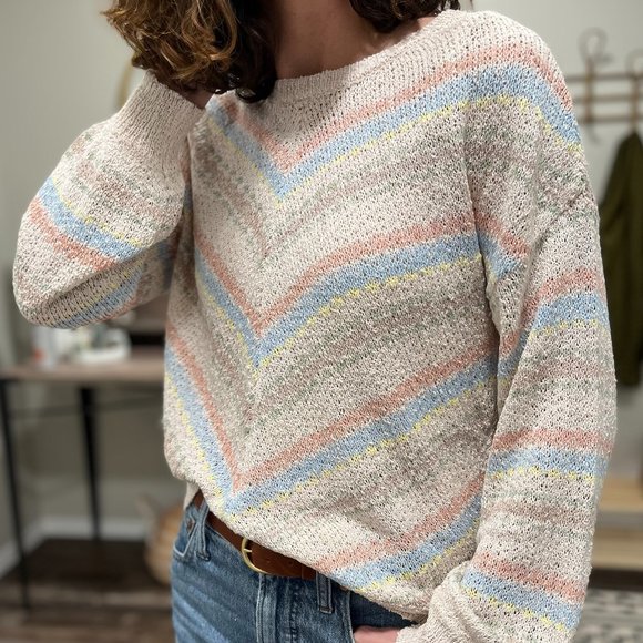 The Chevron Striped Light Knit Sweater / Cotton Blend Long Sleeve - Picture 1 of 9